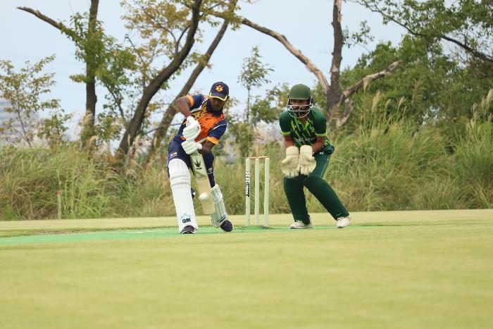 クリケットフィールドでバッツマンが打つ様子